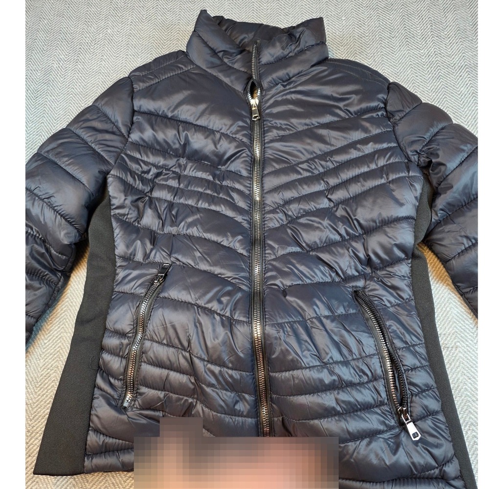 Snobbish Collection Black Chevron Quilted Puffer Jacket Ribbed Side Panels Small